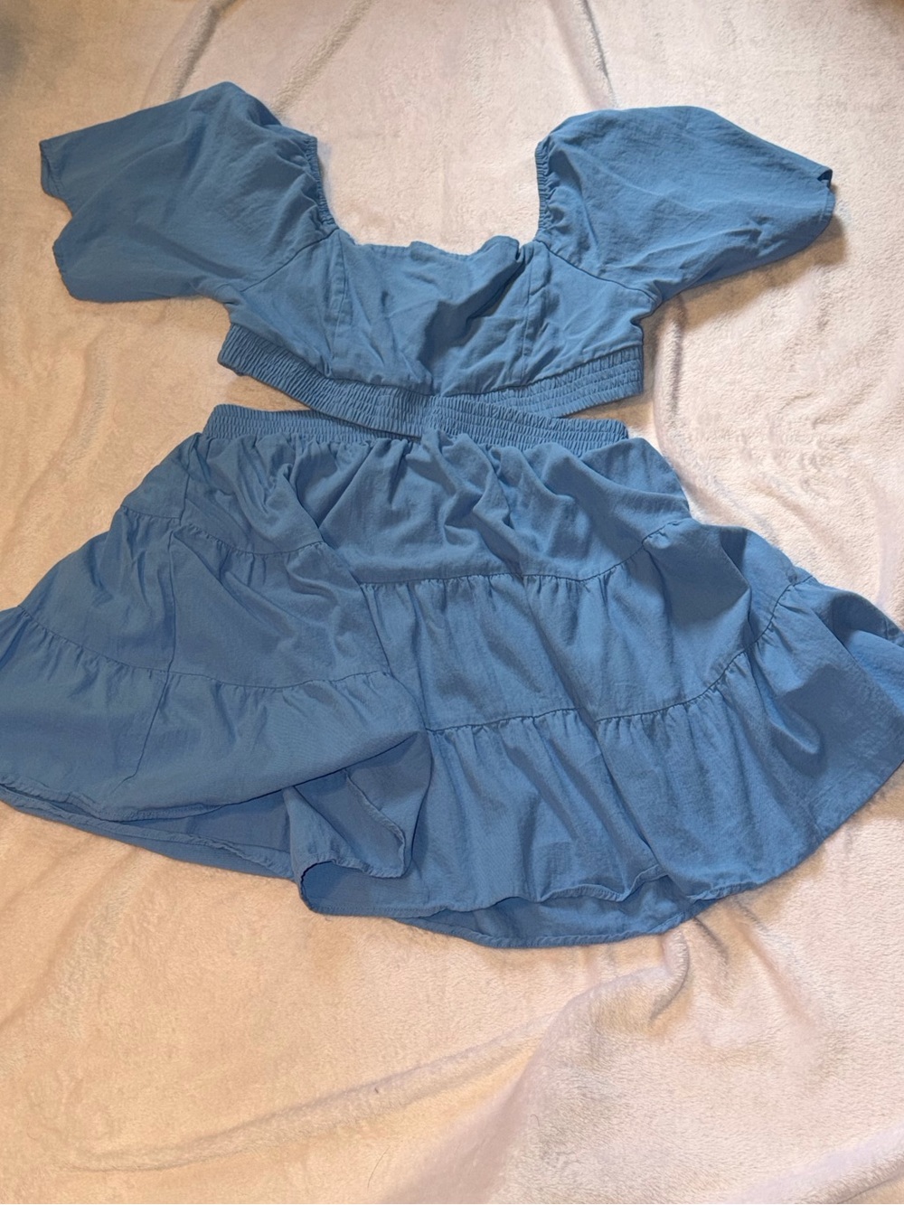 Women's Sky Blue Puff-Sleeve Tiered Mini Dress